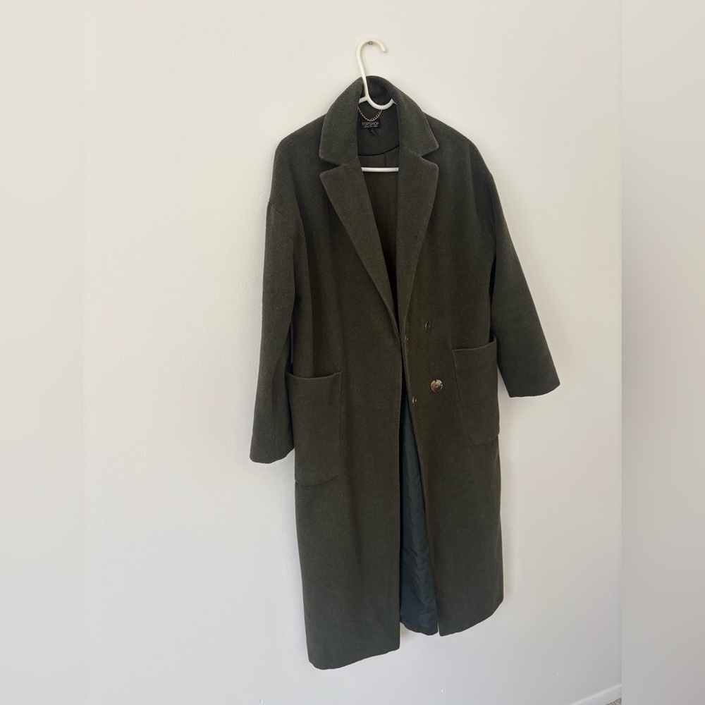 Topshop Khaki Green Longline Brushed Wool Blend Chuck On Coat Patch Pockets 6 - Picture 13 of 13